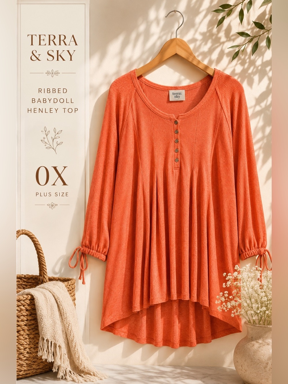 Terra & Sky Plus Size Ribbed Babydoll Henley Top 0X Orange Heather